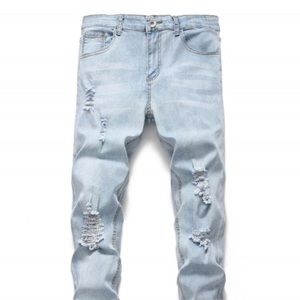 Light Wash Distressed Casual Jeans - Jeans Blue M